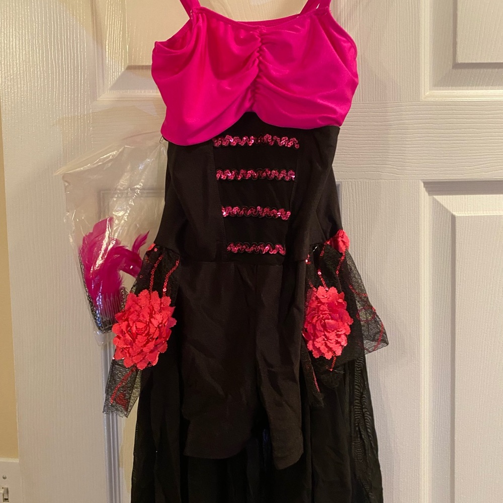 Girls large dance costume. Fuchsia and black.  Includes headpiece.